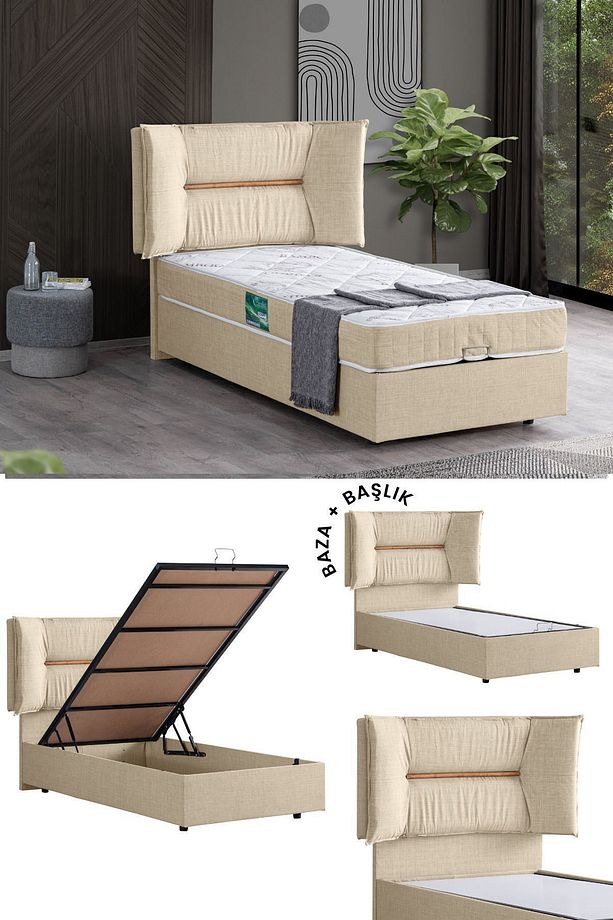 Lizbon Ikili Set, Tek Kişilik Baza Başlık Seti, Krem - 1