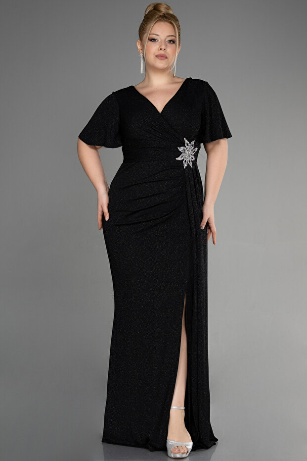 Black Short Sleeve Slit Long Glitter Plus Size Evening Dress ABU39790