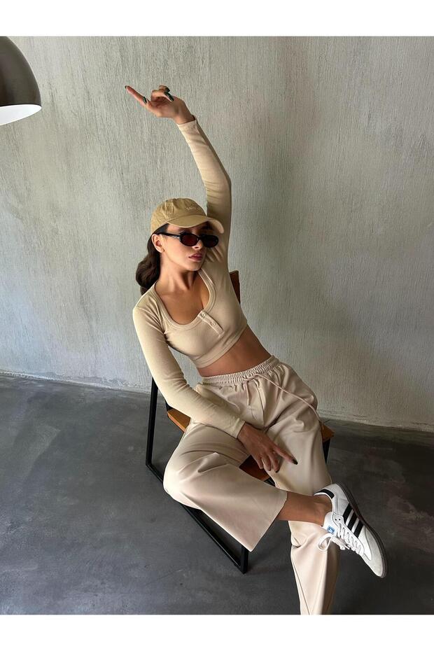 Women's Stone Elastic Waist Suede Leather Trousers 28081
