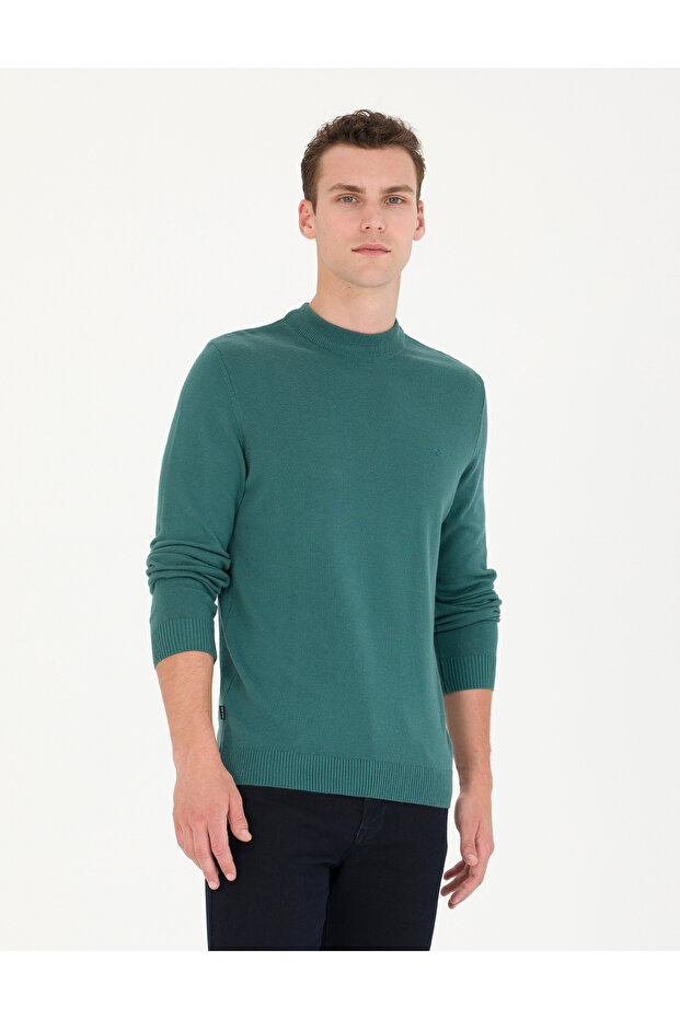 Green Slim Fit Quarter Collar Basic Knitwear Sweater 50276158-Vr054