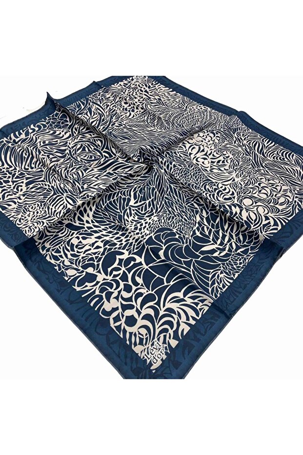 Navy Blue Patterned Tivil Silk Scarf 21114