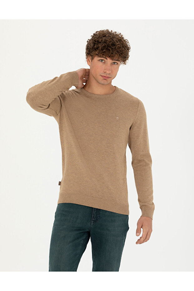 Camel Melange Slim Fit Crew Neck Basic Sweater Sweater 50270179-Vr122