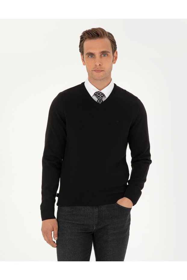 Black Slim Fit V-Neck Basic Sweater Sweater 50296583-Vr046