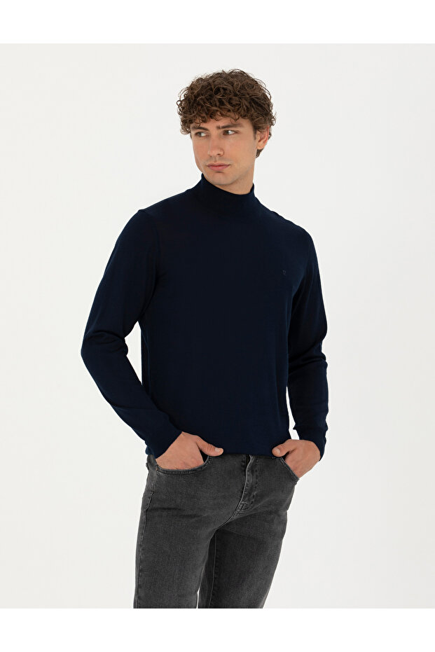 Navy Blue Slim Fit Half Turtleneck Wool Blended Basic Knitwear Sweater 50270055-Vr033