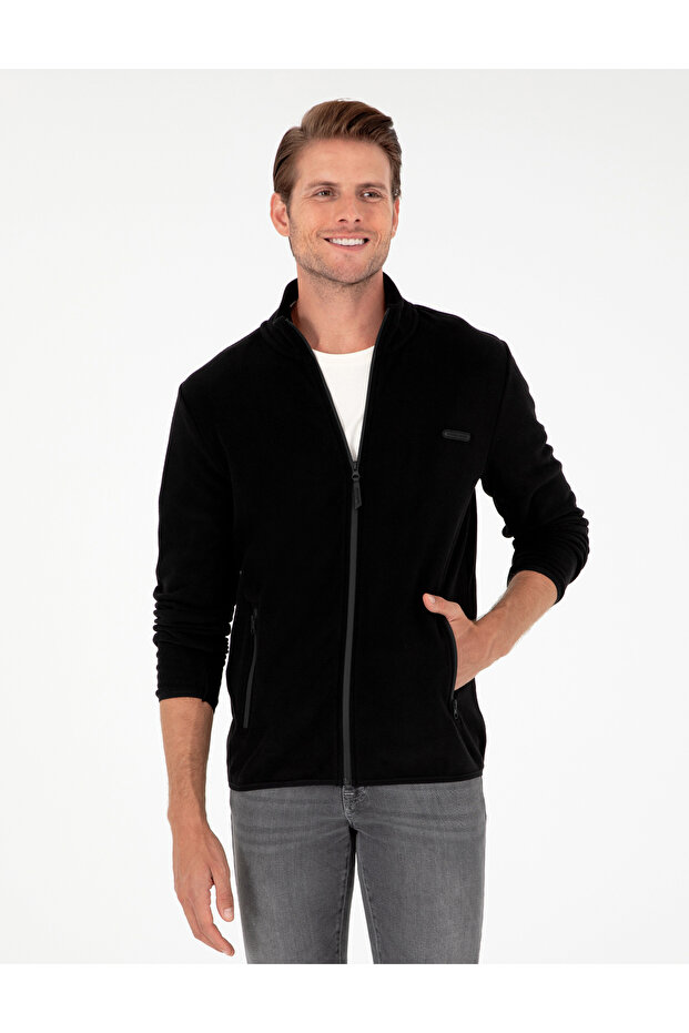 Black Regular Fit Fleece Cardigan 50298991-Vr046