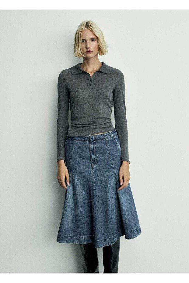 Kontrast dikişli kot etek - 5