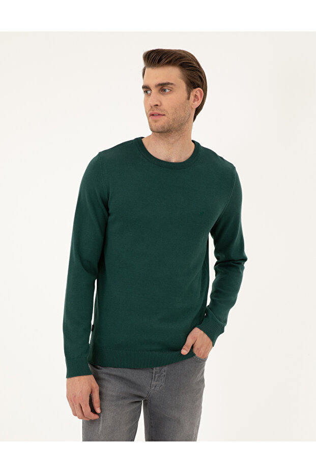 Green Slim Fit Crew Neck Basic Knitwear Sweater 50296575-Vr054