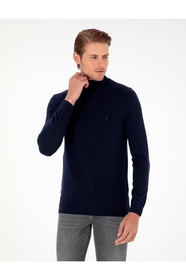 Navy Blue Slim Fit Turtleneck Basic Knitwear Sweater 50296582-Vr033