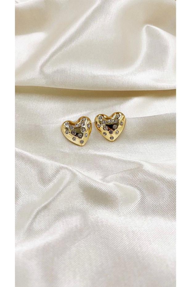 Gold Colored Stoned Heart Women's Earrings