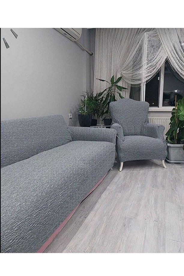 Streç Lastikli Esnek Yıkanabilir Pamuklu 3 3 1 1 Jakarlı Antrasit Koltuk Örtüsü Takımı Koltuk Kılıfı - 2