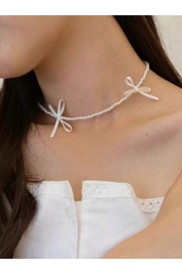 Coquette Necklace with Pearl Ribbon, Necklace with Ribbon, Pearl Necklace, Design Pearl Necklace