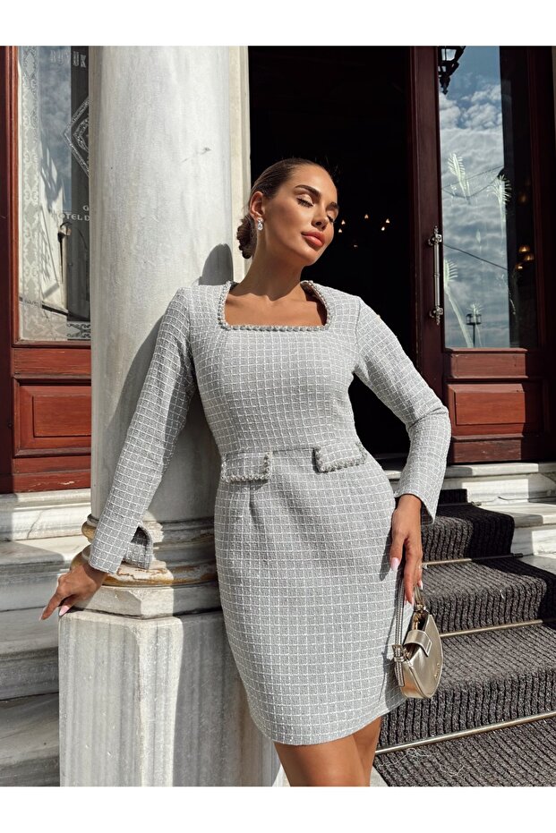 Women's Gray Collar and Pocket Stone Embroidery Special Design Lined Midi Dress