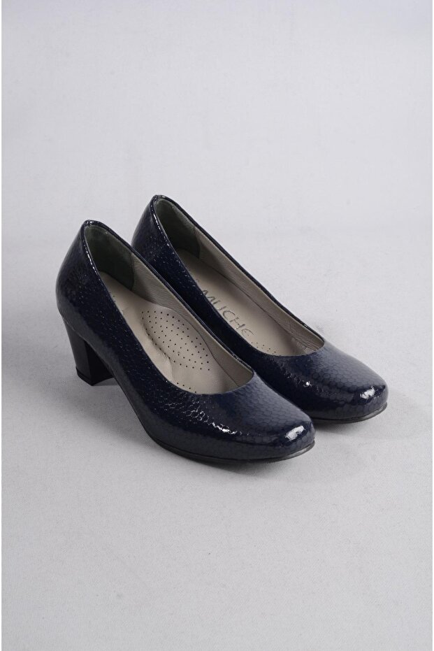 Select 5116 genuine leather comfort heel women's shoe navy blue printed leather