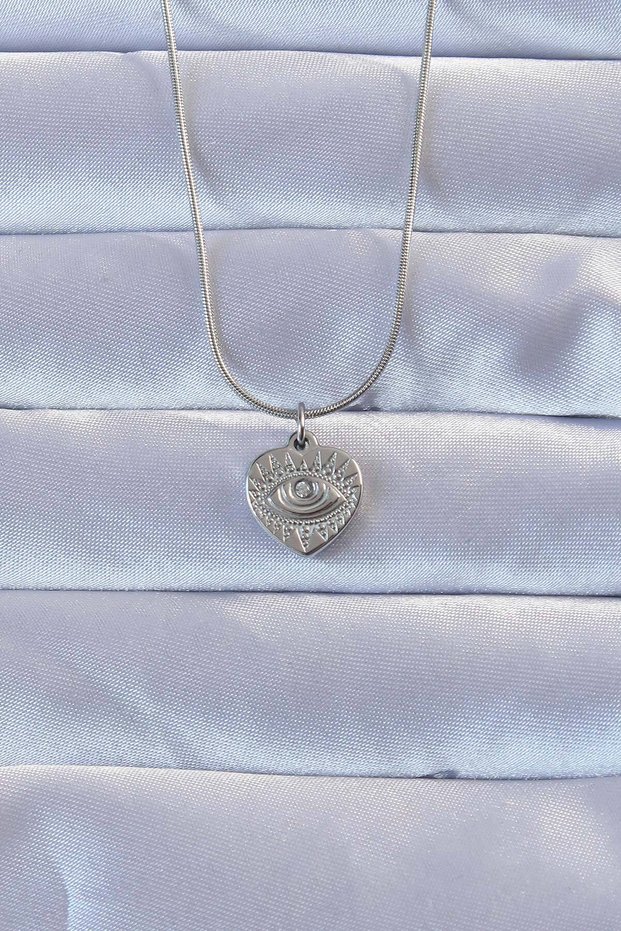 316L Silver Color Zircon Stone Embellished Eye Detail Heart Necklace Tj-Bko9285