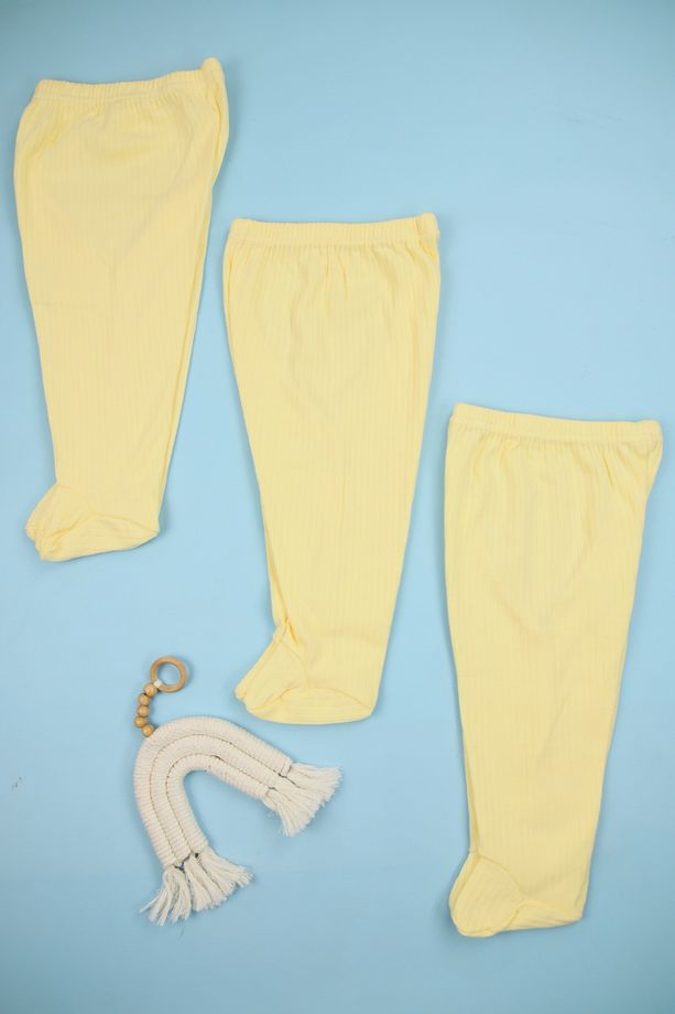 Fitilli Kumaş %100 Pamuk 3'lü Patikli Sarı Bebek Tek Alt Seti, Bebek Pijama Altı - 1