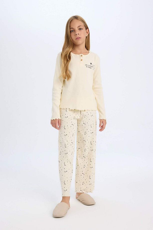 DFC - Kız Çocuk Regular Fit Fitilli Kaşkorse Baskılı Uzun Kollu Pijama Takımı - 2