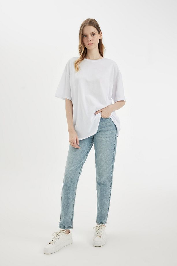 Oversize Fit Bisiklet Yaka Kısa Kollu Tişört V4136AZNS - 2