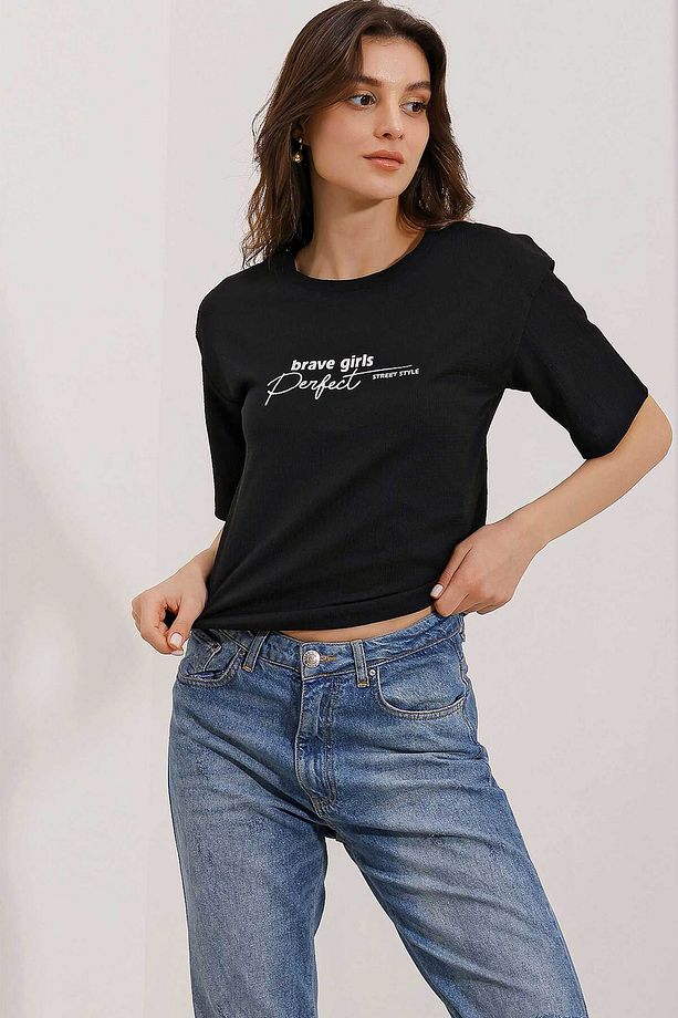 0472 Baskılı Oversize Örme Tişört - Siyah - 3