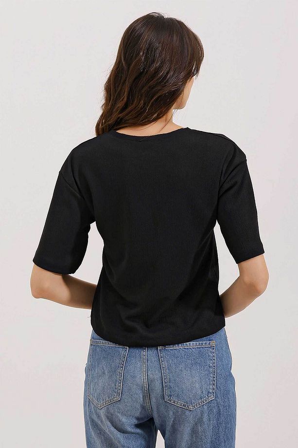 0472 Baskılı Oversize Örme Tişört - Siyah - 5