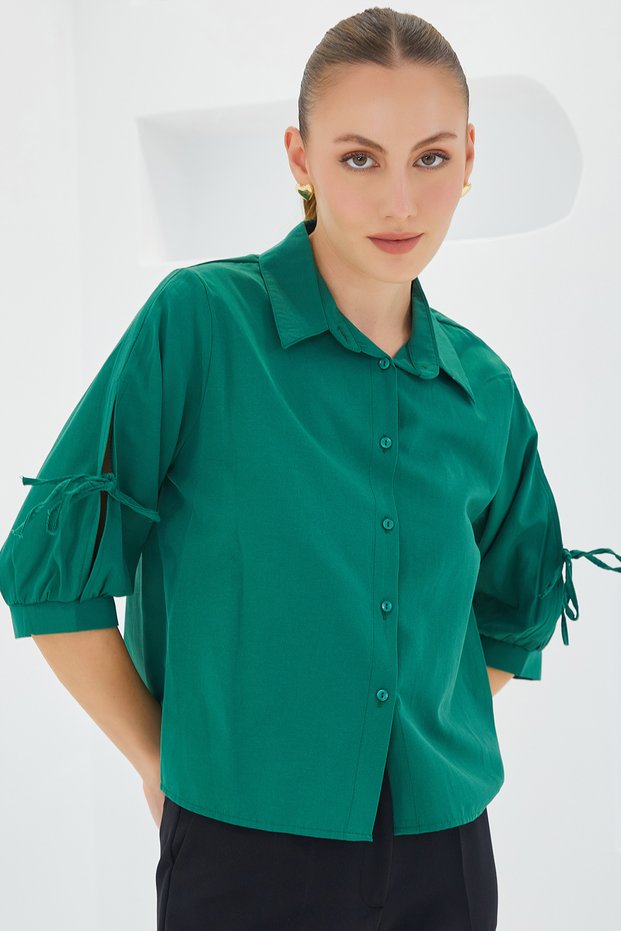 Women's Smaragd Green Crop Shirt with Sleeve Detail 20246