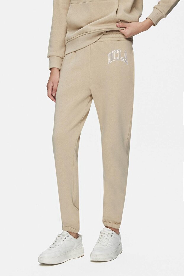 Jules Dark Beige Comfortable Cotton Embroidered Standard Fit Women's Sweatpants