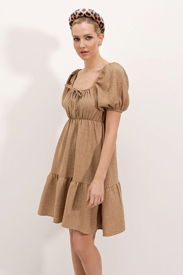 2351 Kloş Poplin Elbise - Camel - 2