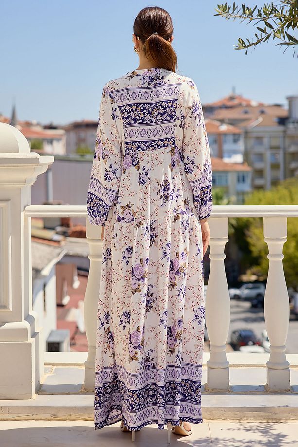 2423 Otantik Desenli Elbise - Mor - 8