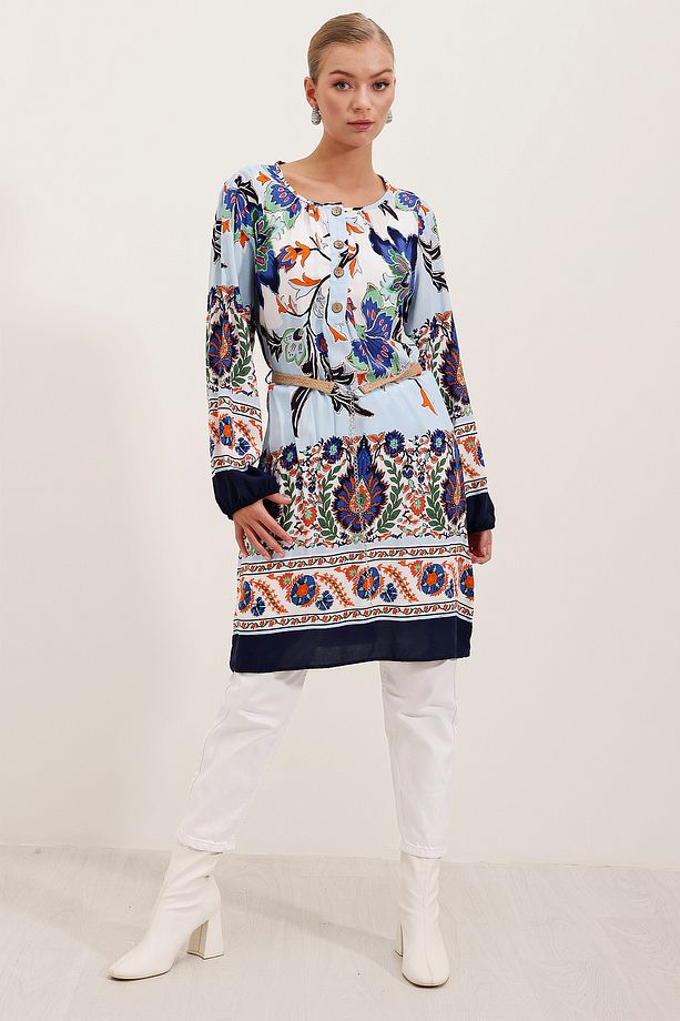5902 Kemerli Desenli Elbise - Lacivert - 4