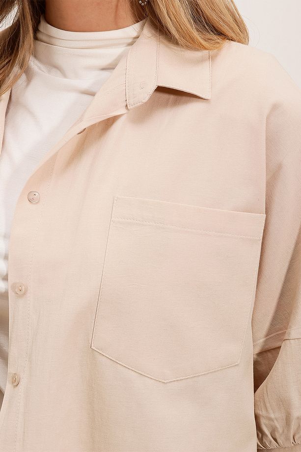 20213 Oversize Kısa Kol Basic Gömlek - Krem - 3