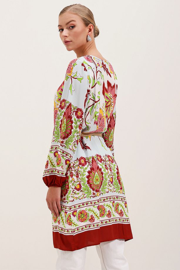 5902 Kemerli Desenli Elbise - Bordo - 4