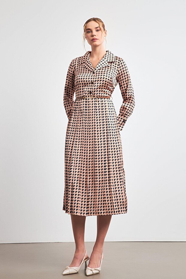 Beige-Navy Blue Shirt Collar Waist Belted Skirt Pleated Patterned Dress