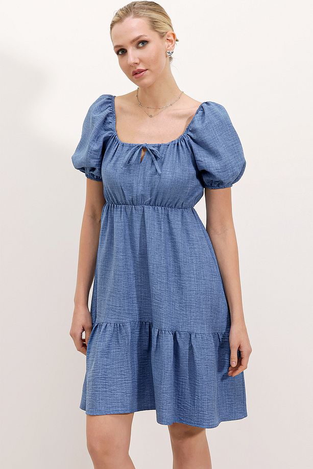2351 Kloş Poplin Elbise - C. İndigo - 1