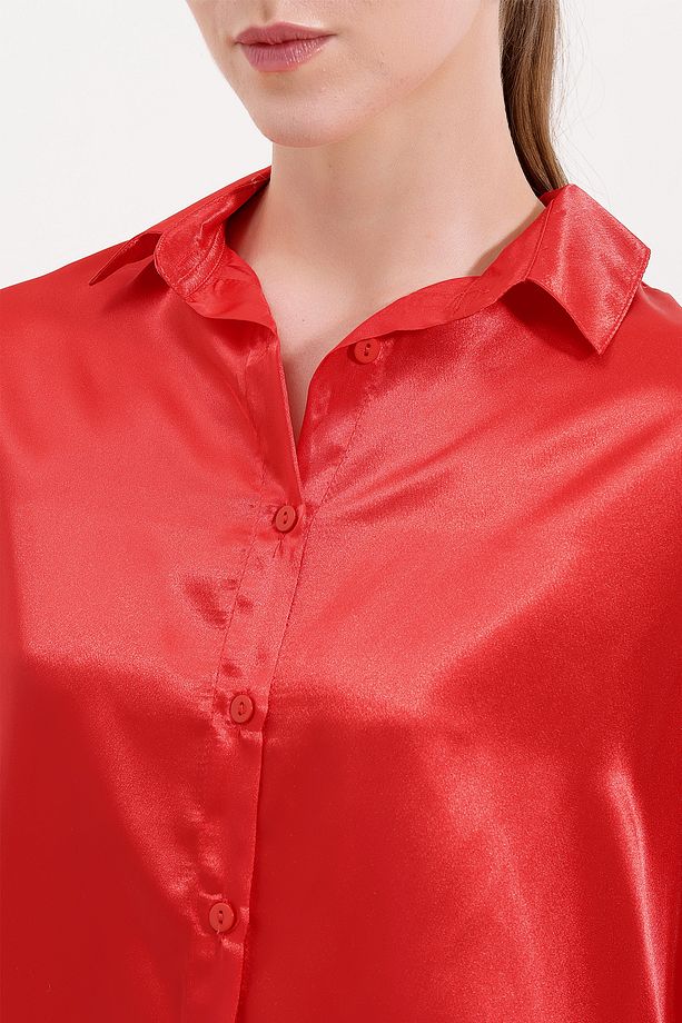 3985 Oversize Saten Gömlek - Kırmızı - 3