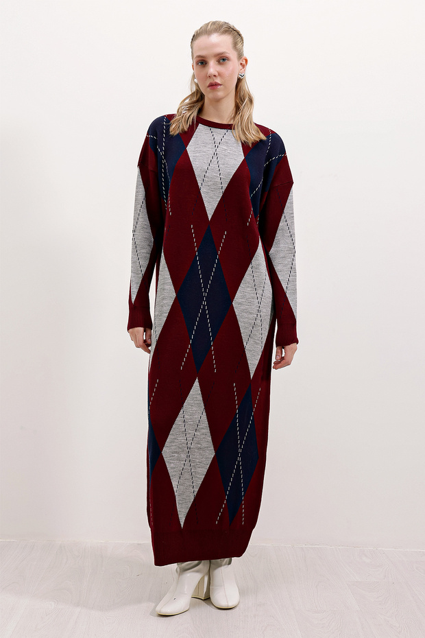 15861 Long Knitwear Dress - Claret Red