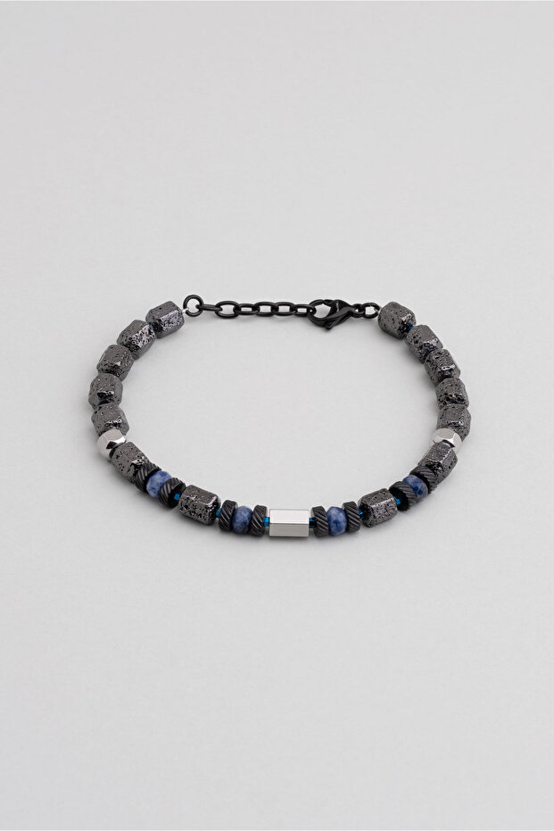 22 cm Steel Men's Bracelet with Lava and Hematite Stones