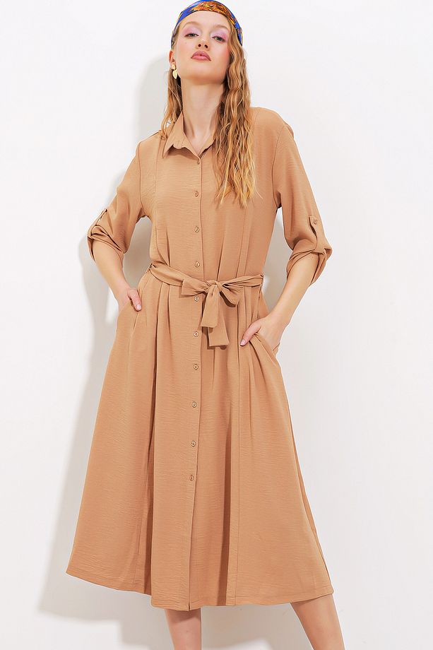 Kadın Camel Kuşaklı Gömlek Elbise 2442 - 2