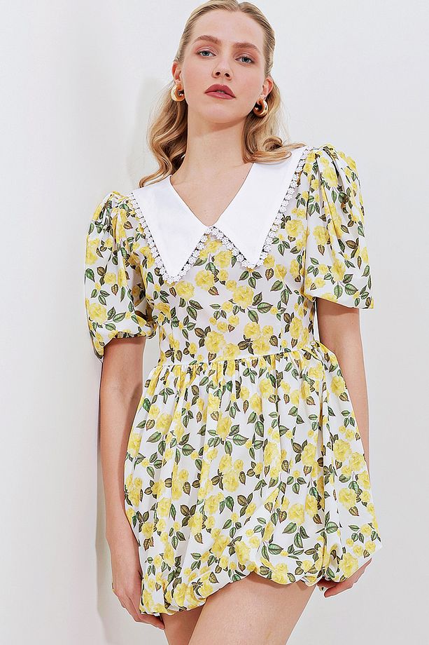 2478 Çiçekli Mini Elbise - Sarı - 1
