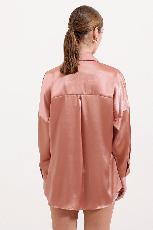 3985 Oversize Saten Gömlek - Camel - 4