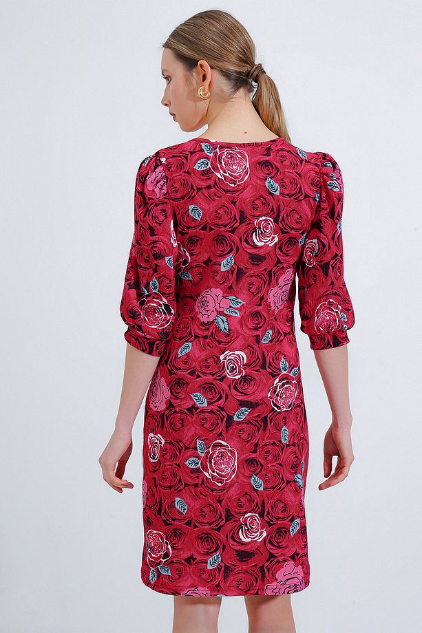 Kadın Bordo Gül Desenli Midi Elbise 2477 - 5