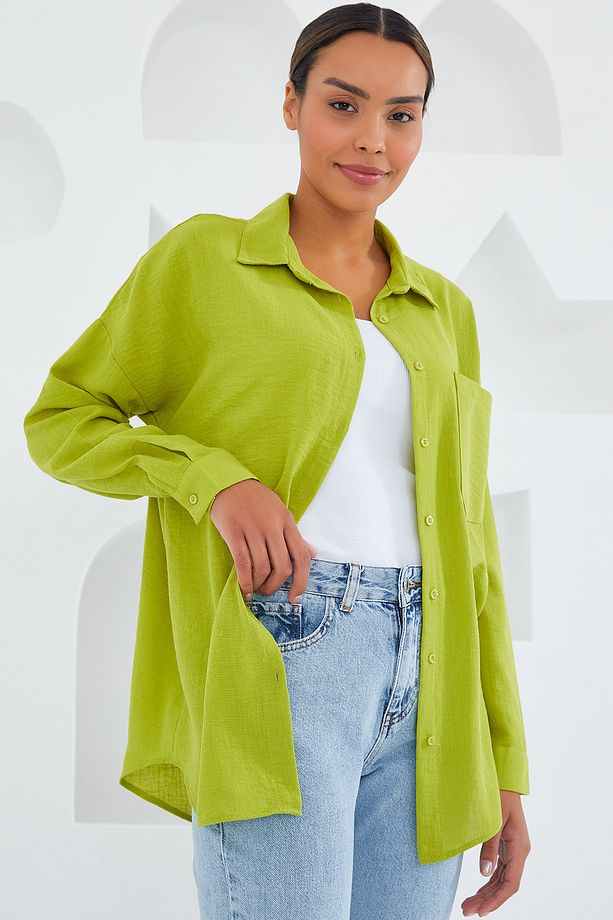 20153 Tek Cepli Oversize Keten Gömlek - Yağ Yeşil - 3