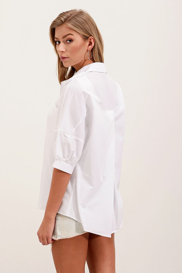 20213 Oversize Kısa Kol Basic Gömlek - Beyaz - 5