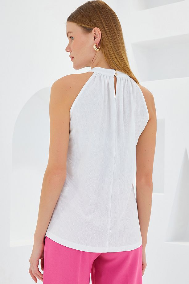 0489 Halter Yaka Örme Bluz - Beyaz - 5