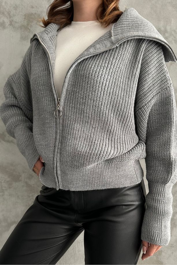 Gri Devrik Yaka Fermuarlı Triko Hırka - 3