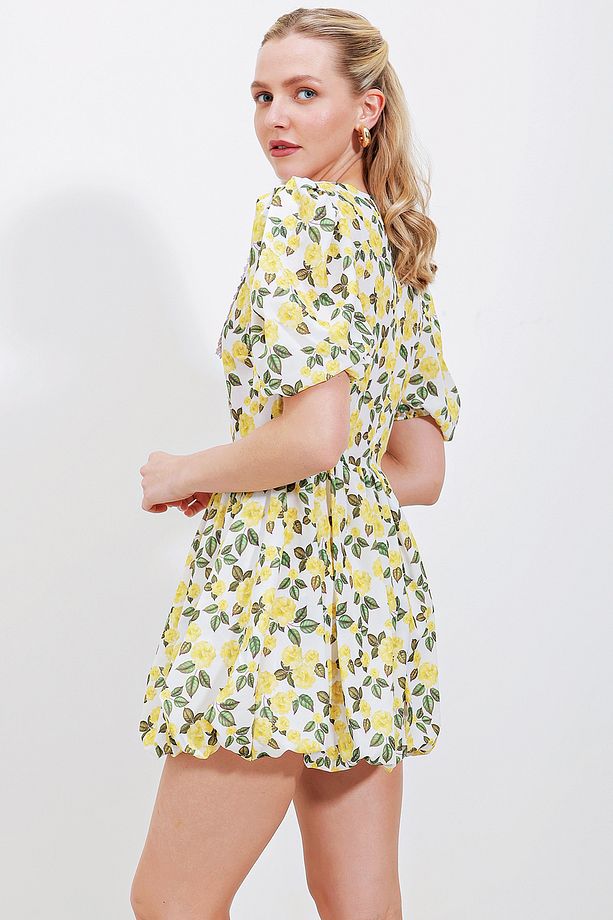2478 Çiçekli Mini Elbise - Sarı - 6