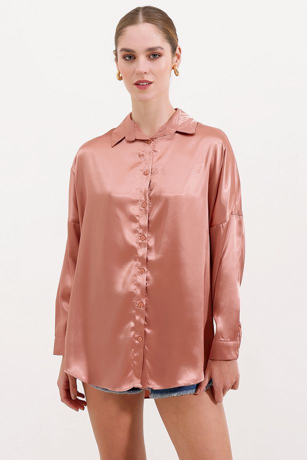 3985 Oversize Saten Gömlek - Camel - 2