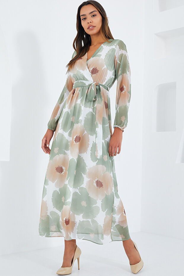 Women's Cascade Beige Floral Patterned Chiffon Dress 2134