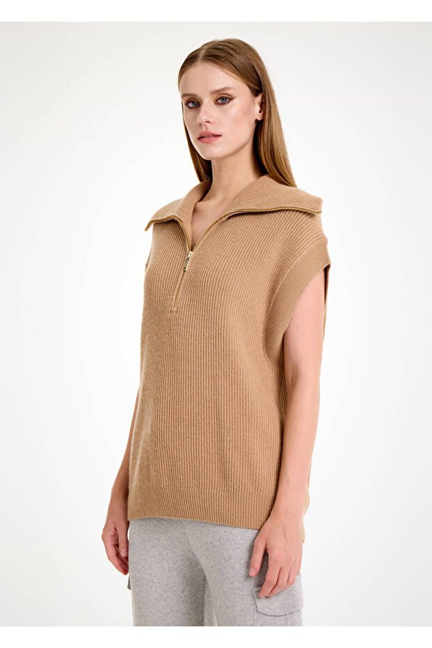 Oversıze Camel Triko Yelek - 3
