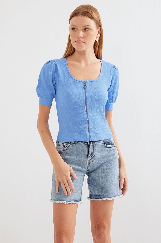4316 Fermuarlı Örme Bluz - Mavi - 2