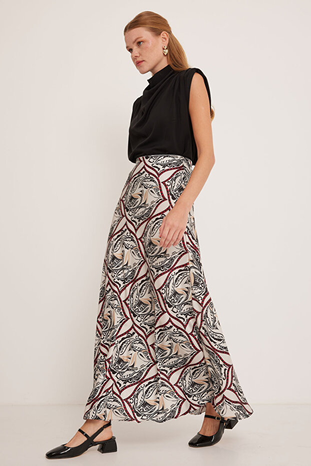 Women's Black Beige Patterned Satin Skirt 15877