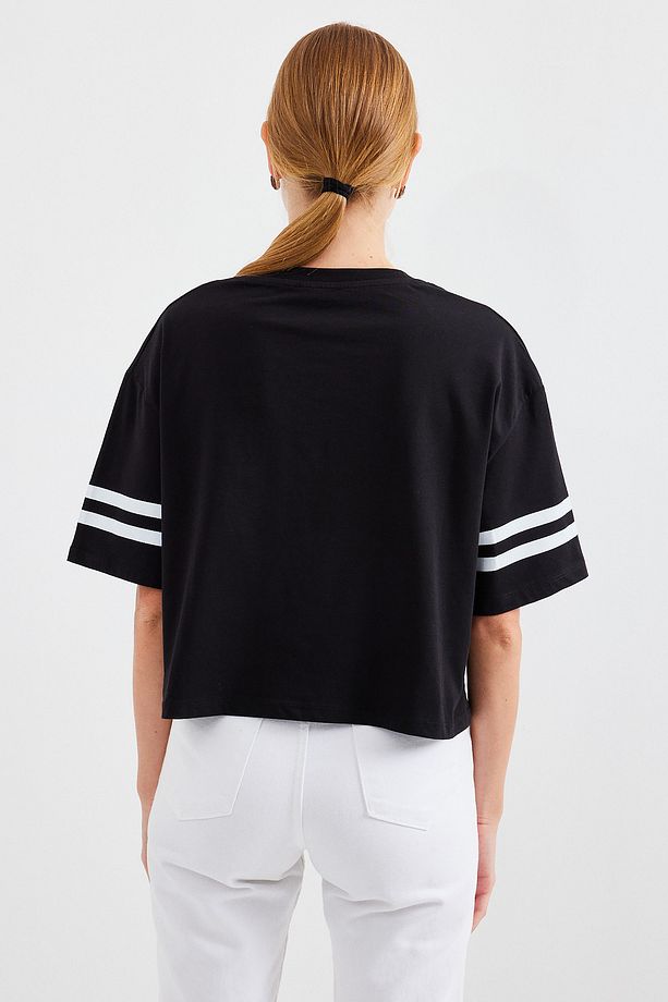 4322 Baskılı Oversize Basic Tişört - Siyah - 6